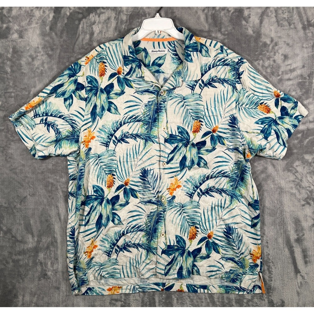 Tommy Bahama Hawaiian Shirt Mens 2XL Blue Foral Button Up Camp Pocket Tropical